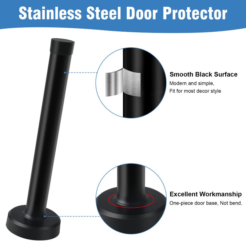 KOLAKO Door Stops, 6 Inch Door Stopper, Wall Mount, Brushed Stainless Steel Extra Long Doorstops with Sound Dampening Rubber Tip Bumper Modern Black Long Doors Stoppers for Bottom of Doors - Image 4